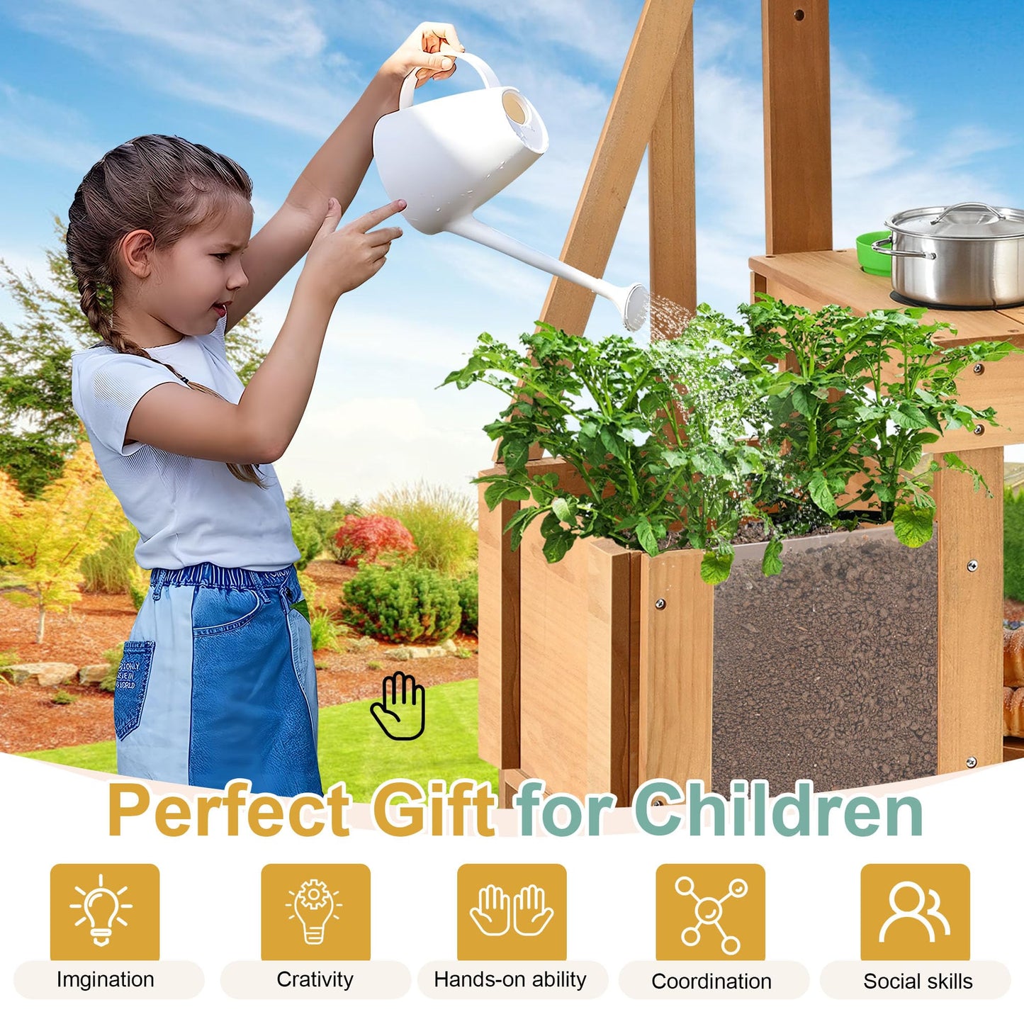 Aoparts Mud Kitchen For Kids Outdoor, Wood Outdoor Kitchen With Planter Box, Toddler Play Kitchen With Sink, Faucet, Blackboard,