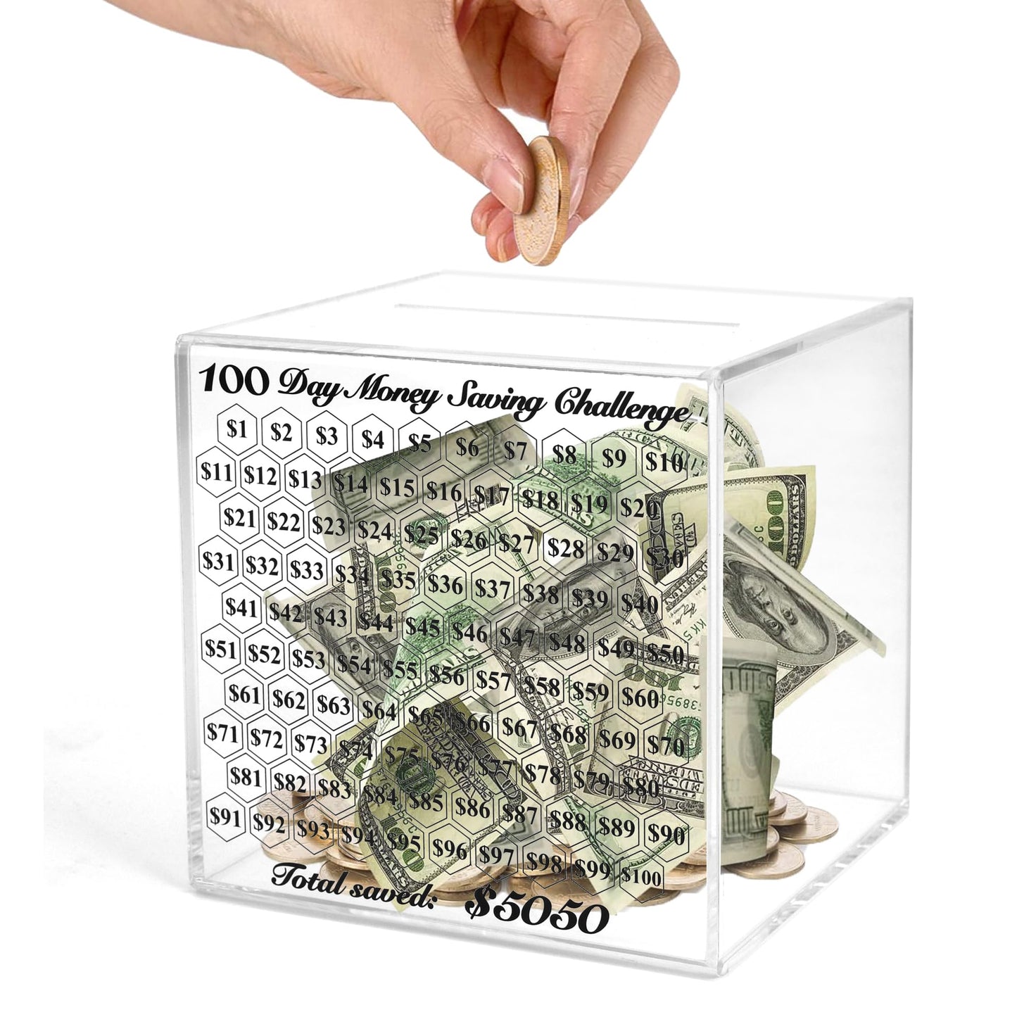Linglingo Piggy Bank For Adults, Unbreakable Piggy Bank, Clear Acrylic Money Box, 100 Day Money Saving Challenge Box For Cash Coin, Must Break To Open, Easy And Fun Way To Save $5,050