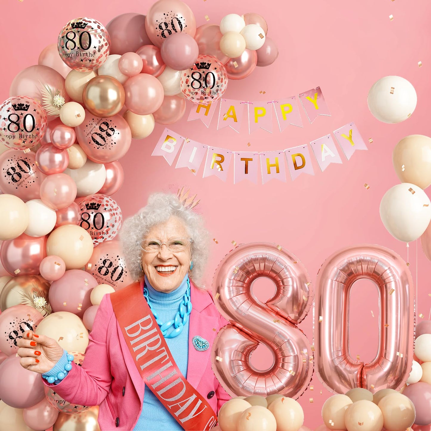 80Th Birthday Decorations For Women,Rose Gold 80Th Birthday Balloon Arch Garland Kit With Happy 80Th Birthday Number 80 Foil Bal