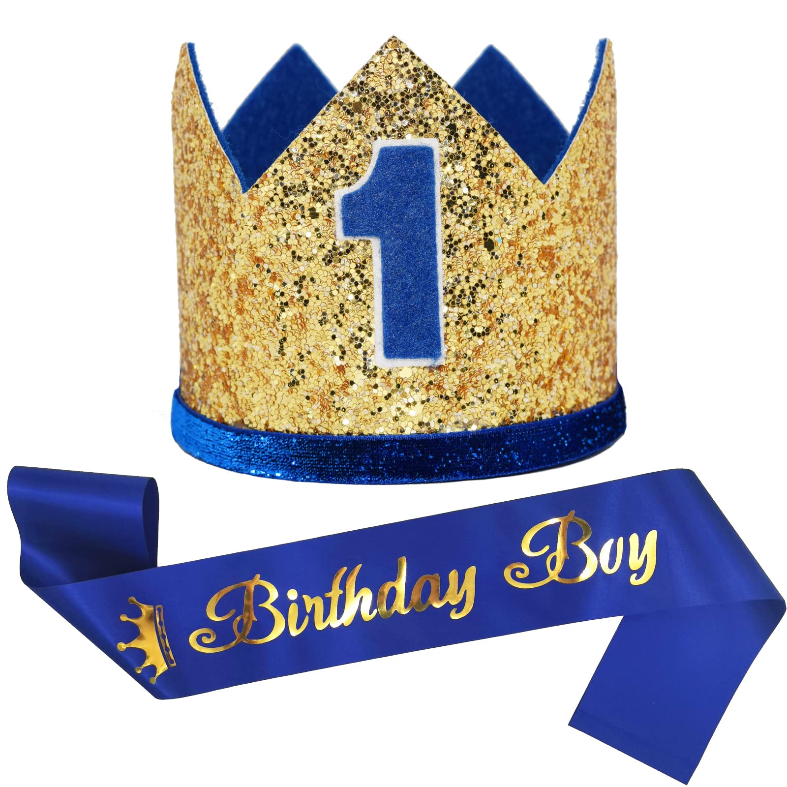 Maticr Glitter First Birthday Crown Baby Boy 1st Bday Party Hat Cake Smash Photo Prop (Large Gold & Royal 1)