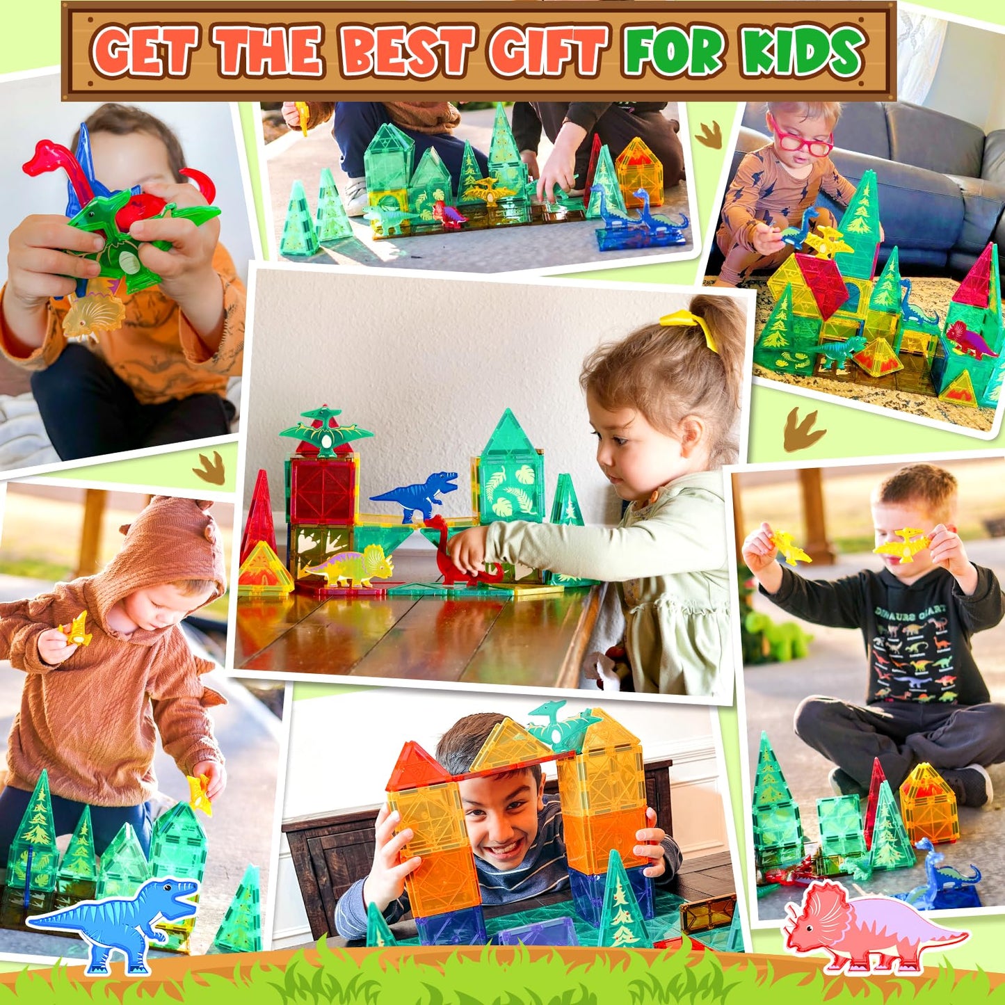 Coodoo Dinosaur Toys Magnetic Tiles Jungle Dinosaur World Starter Set - Kids Games Boys Ages 3-5 4-6 Girls STEM Magnetic Blocks