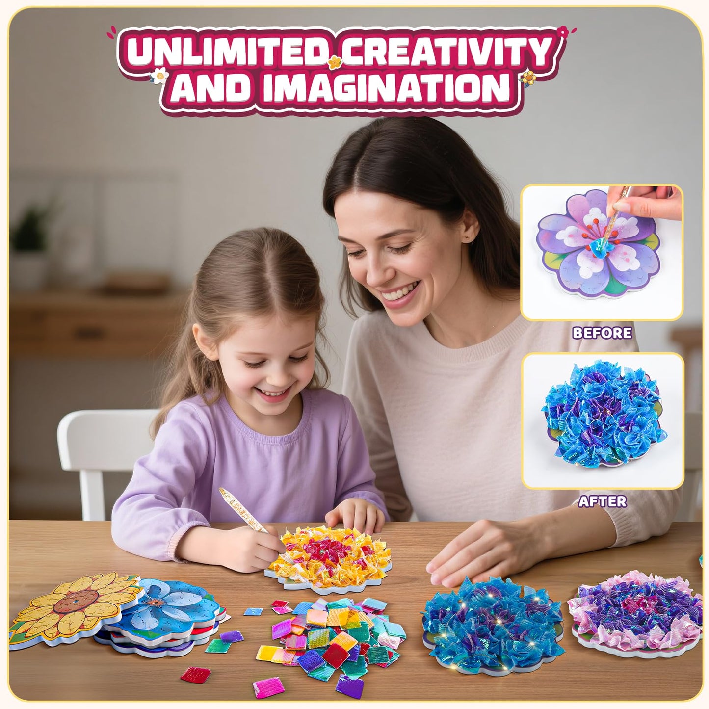Flower Bouquet Art Craft Kit, Poke DIY Creative Activity Kit with with 6 Flowers & 6 Light Strings, Mess-Free Fun for Girls & Bo