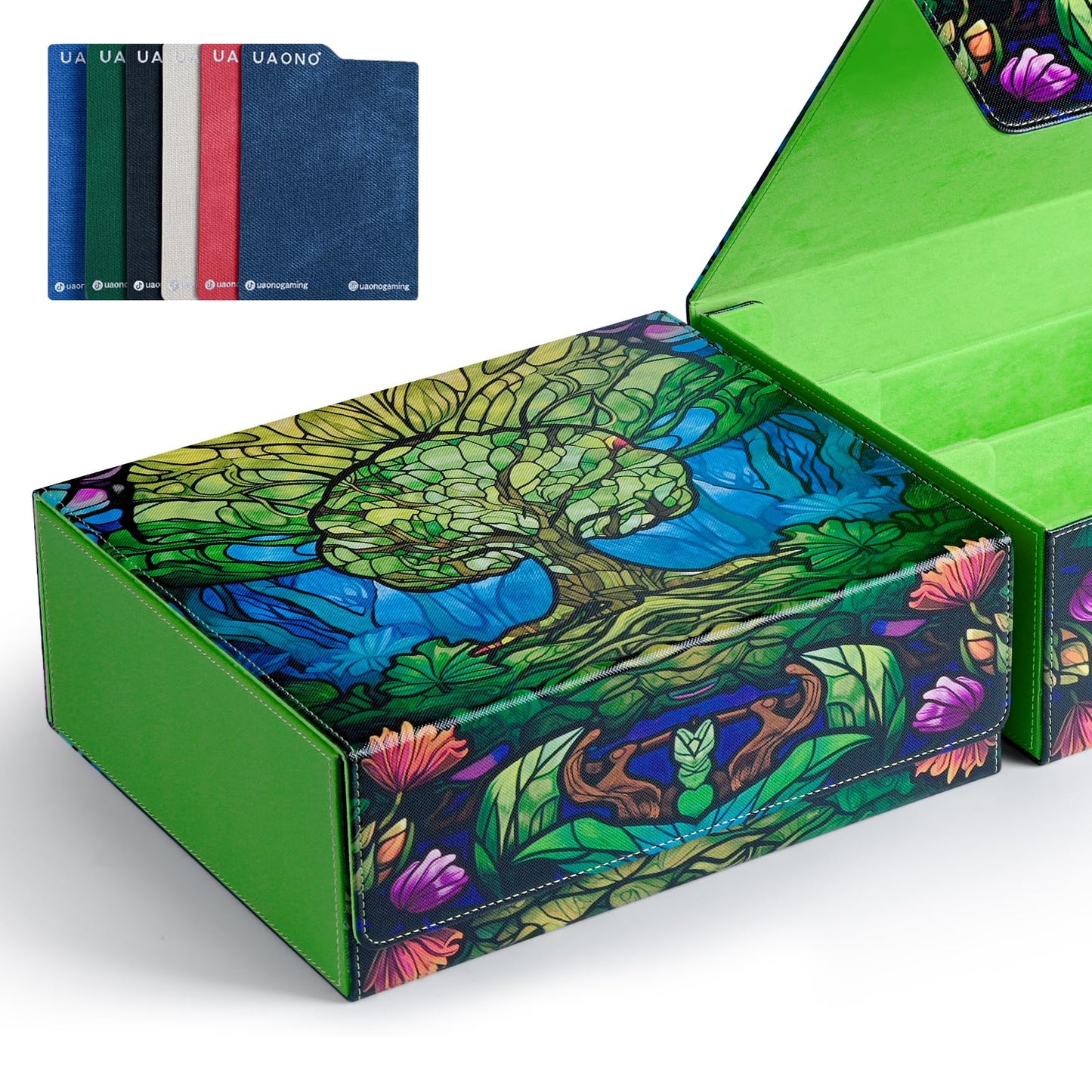 Uaono Card Storage Box For Mtg, Trading Card Deck Box Holds 1800+ With 6 Dividers, Leather Printing Magnetic Closure Card Storage Case Fits Tcg Ccg Sports Cards (Green, Tree)