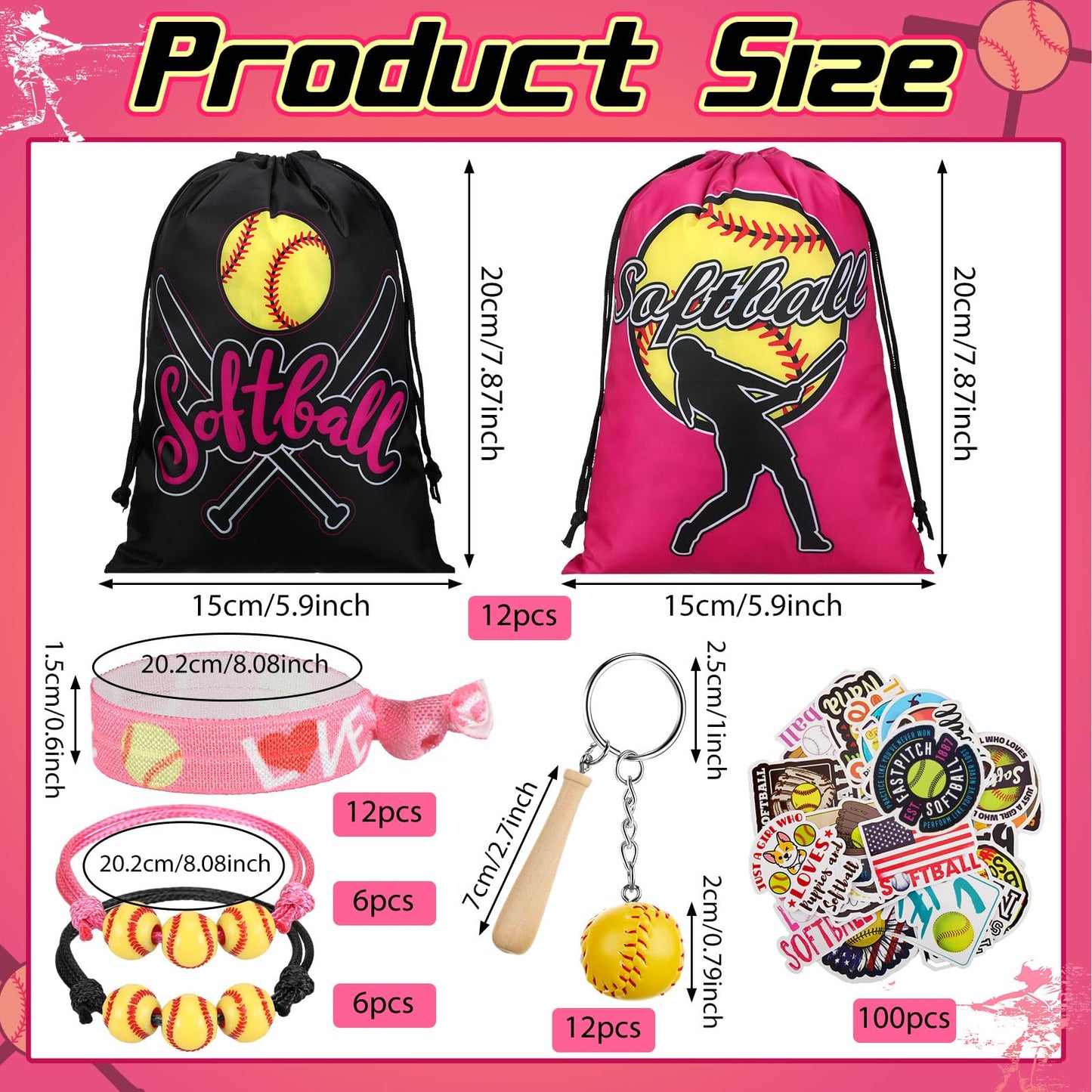 Jenaai 148 Pcs Softball Party Favors Include Drawstring Bags Charm Bracelets Keychain Hair Ties and Stickers, Softball Theme Gif