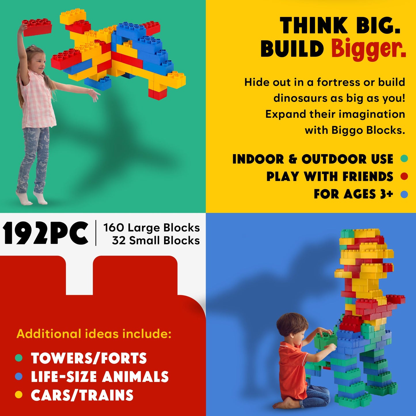 Biggoblocks Big Blocks For Kids Ages 4-8 - Indoor & Outdoor Blocks For Kids Games - Large Building Blocks (192 Pc) Jumbo Set