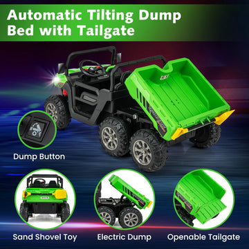 Olakids 24V 2 Seater Ride On Dump Truck, 4Wd 6X6 Battery Powered Kids Utv With Remote Control, 4 X 90W Engine, Electric Dump Bed, Spring Suspension, Ride On Toys For Big Kids (Green)