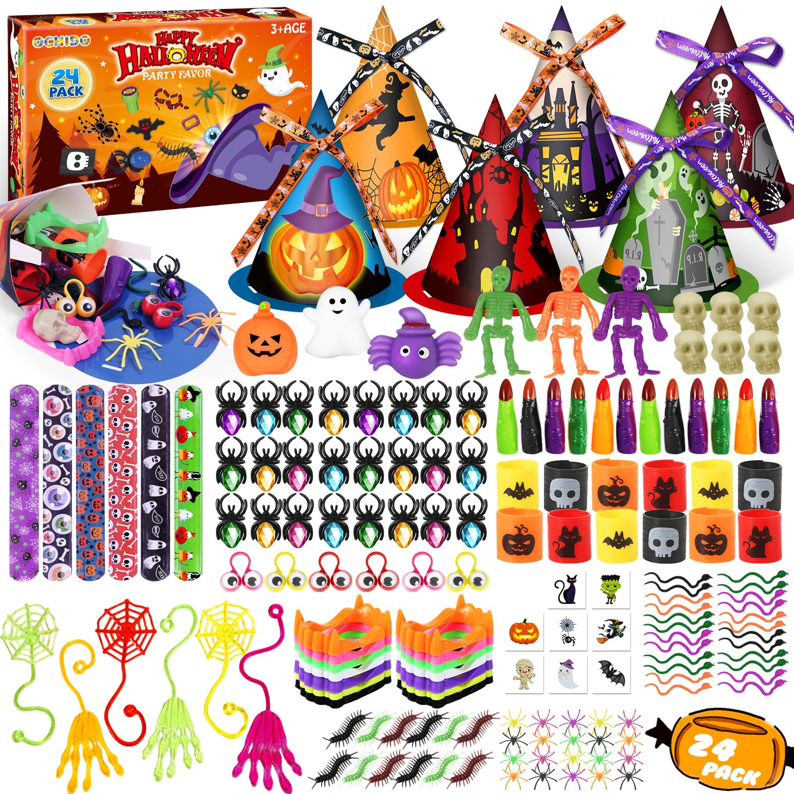 OCHIDO 234PCS Halloween Party Favors for Kids, 24 Pack Witch Hat Treats Bags Fillers, Halloween Toys Bulk for Trick or Treat, Ha