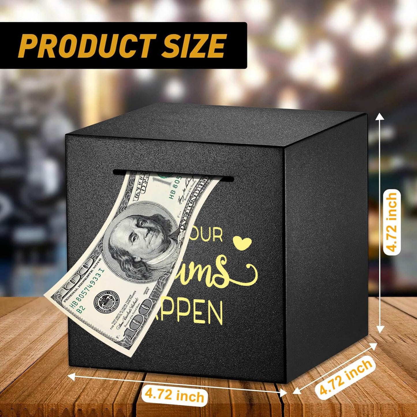 Piggy Bank Made Of Stainless Steel, Piggy Banks For Adults Coin Bank,Can Only Save The Piggy Bank That Cannot Be Taken Out (Make.Your.Dreams.Happen(4.72 Inch-Black))