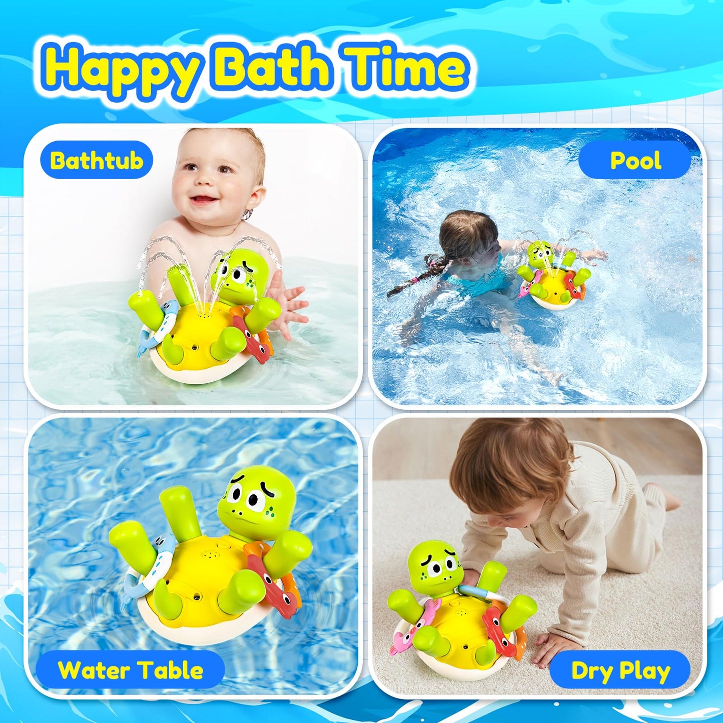 Baby Bath Toy Sprinkler  Rechargeable Turtle Bath Toys for Kids Toddlers Ages 1-3 2-4 with 5 Rings  Mold Free Bath Pool Water Spray Toys for Babies Toddlers 1-3-5  Great Birthday Gifts for Kids