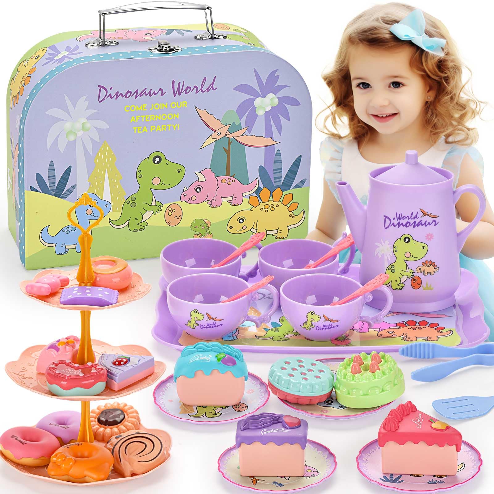 Lajeje 41Pcs Dinosaurs Tea Party Set for Little Girls, Pretend Plastic Teapot Set, Princess Tea Time Play Kitchen Toy with Desse
