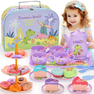 Lajeje 41Pcs Dinosaurs Tea Party Set for Little Girls, Pretend Plastic Teapot Set, Princess Tea Time Play Kitchen Toy with Desse