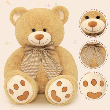 Morismos 4 Feet Giant Teddy Bear Stuffed Animal, 47' Large Tan Teddy Bear Plush With Footprints And Big Bow, Valentines Christmas For Girlfriend, Wife, Girls, Baby Shower Decor