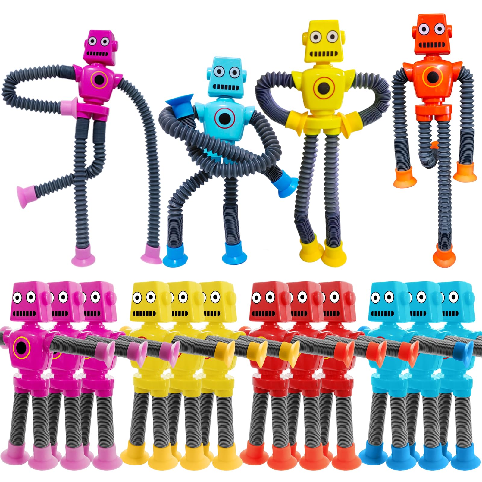 16 PCS Suction Cup Robot Toy Shape Changing Telescopic Pop Tubes Autism Sensory Toy Kids Girls Boys Toddlers mature-themed Funny Robot Action Figure Bendable Fidget Toy Gift Birthday Party Favors Christmas
