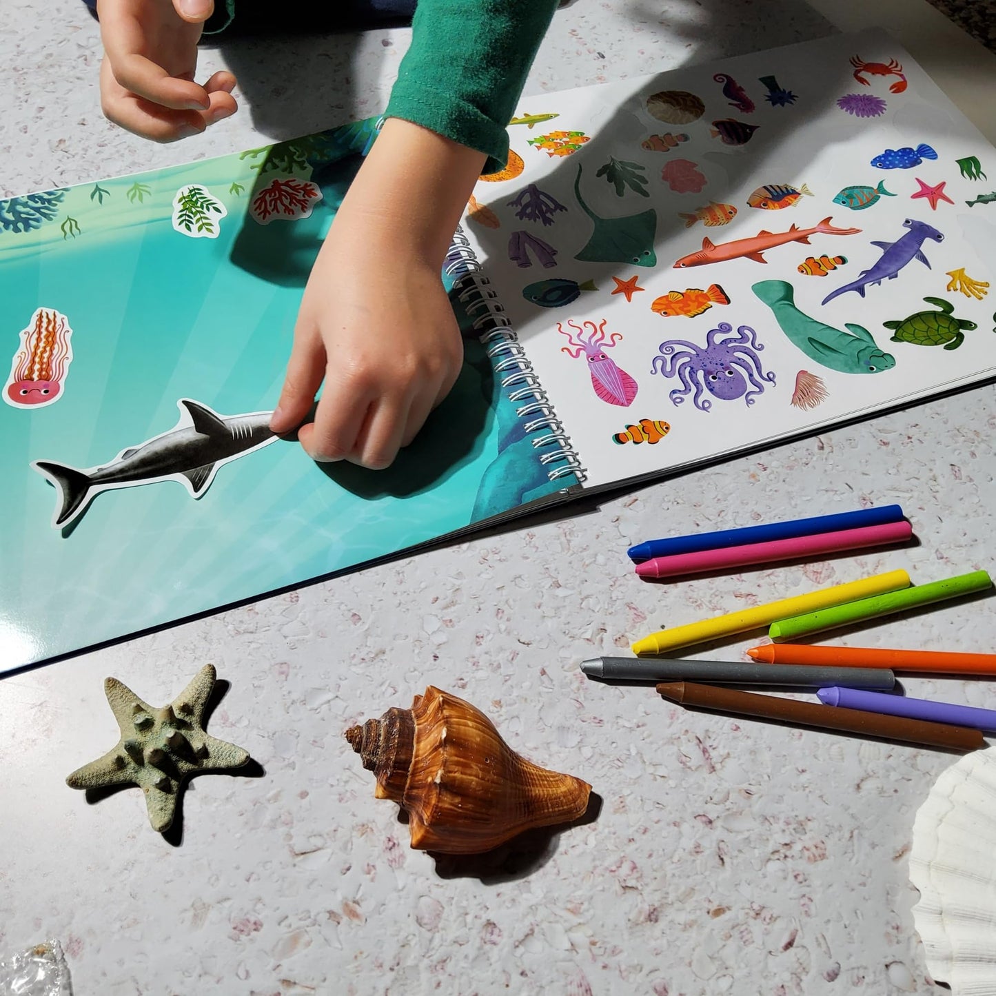 CUPKIN Ocean Sticker Book for Kids - 500+ Shark Stickers, 12 Scenes, Coloring Pages - Deep Sea Gift, Ages 2-8, Model SB-DEEPSEA
