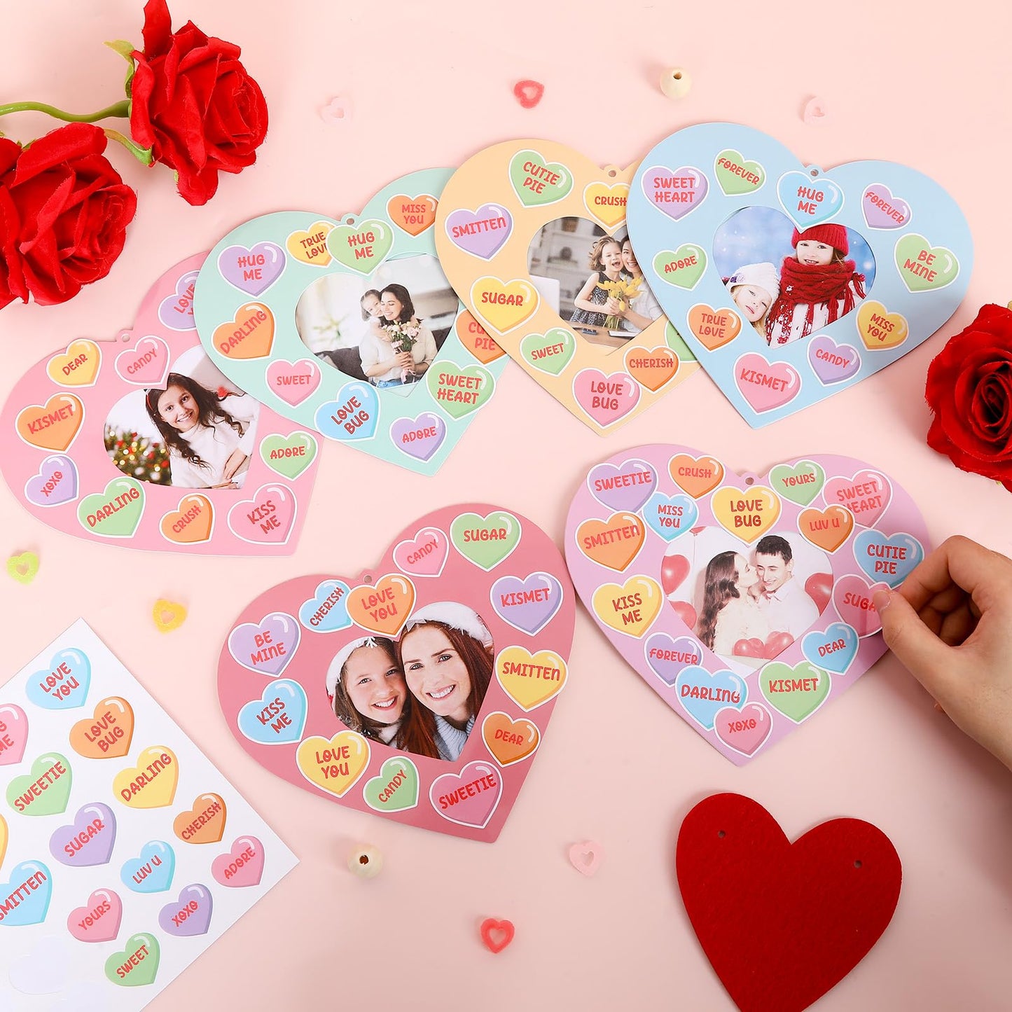 Lonfliness 36 Set Valentines Day Craft Kits Conversation Heart DIY Picture Frame Craft Valentines Photo Frame Heart Sticker Art