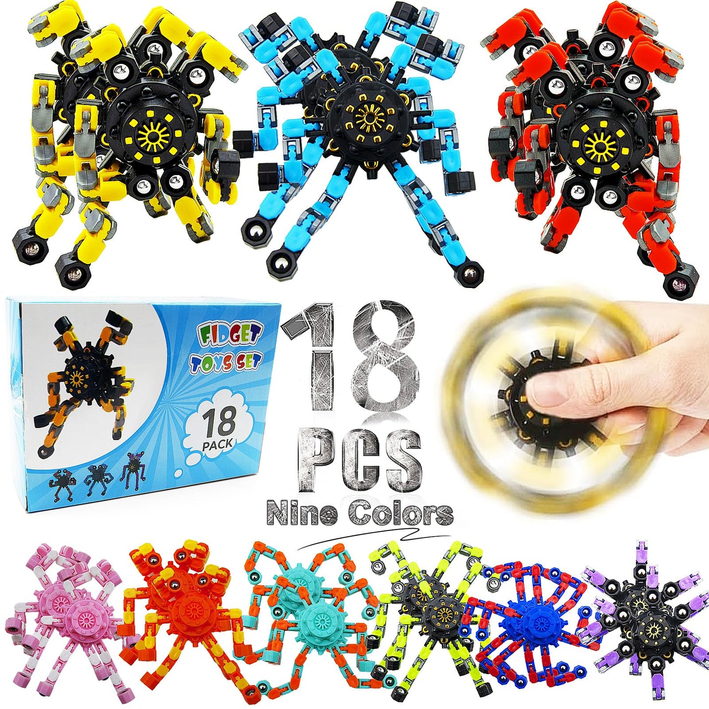 Easter Basket Stuffers Transformable Fidget Spinners,18Pcs Funny Sensory Fidget Toys Adults Deformable Chain Diy Robot Spinner,Fingertip Stress Relief Gyro Toy Easter Basket Stcoking Stuffer For Kids