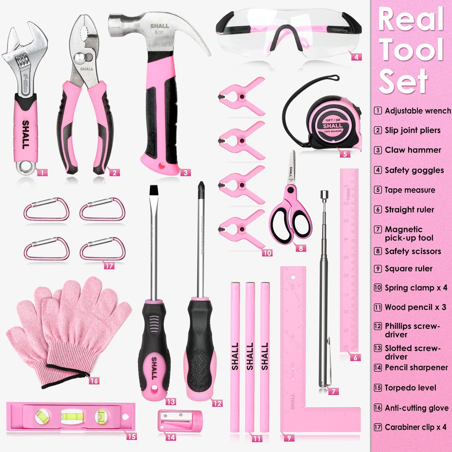 SHALL 26-Piece Kids Size Tool Set, Pink Real Tools for Kids with 12'' Tool Bag, Safety Certified Children Learning Tool Kit with
