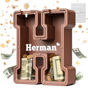 Summidate Wooden Letter Piggy Bank, Extra Thick Large Capacity Piggy Bank For Kids Boys Girls Toddler, Alphabet H Money Bank| Co