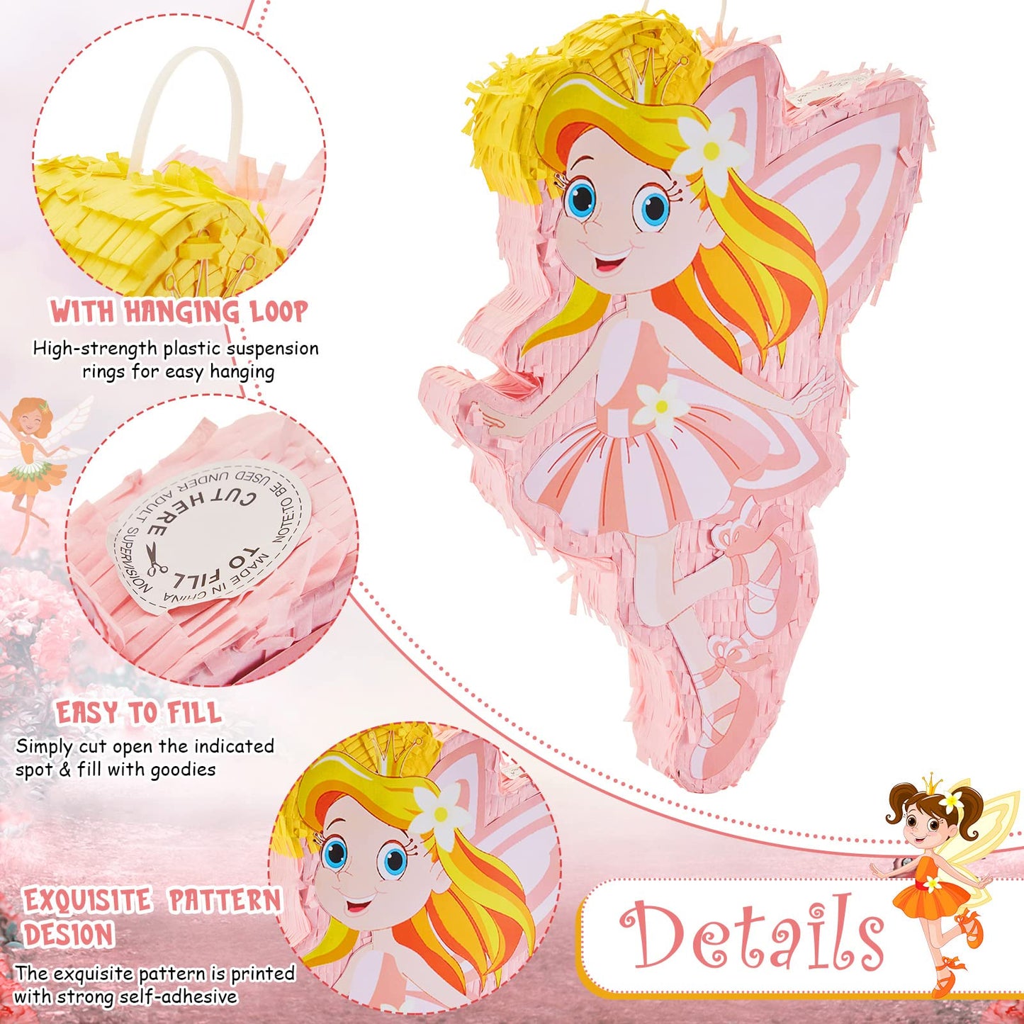 Lewtemi 4 Pcs Fairy Princess Piata Set 15.7 x 12.5 x 3  Pink Piata with Stick Blindfold Colorful Confetti, Small Piata for Girl