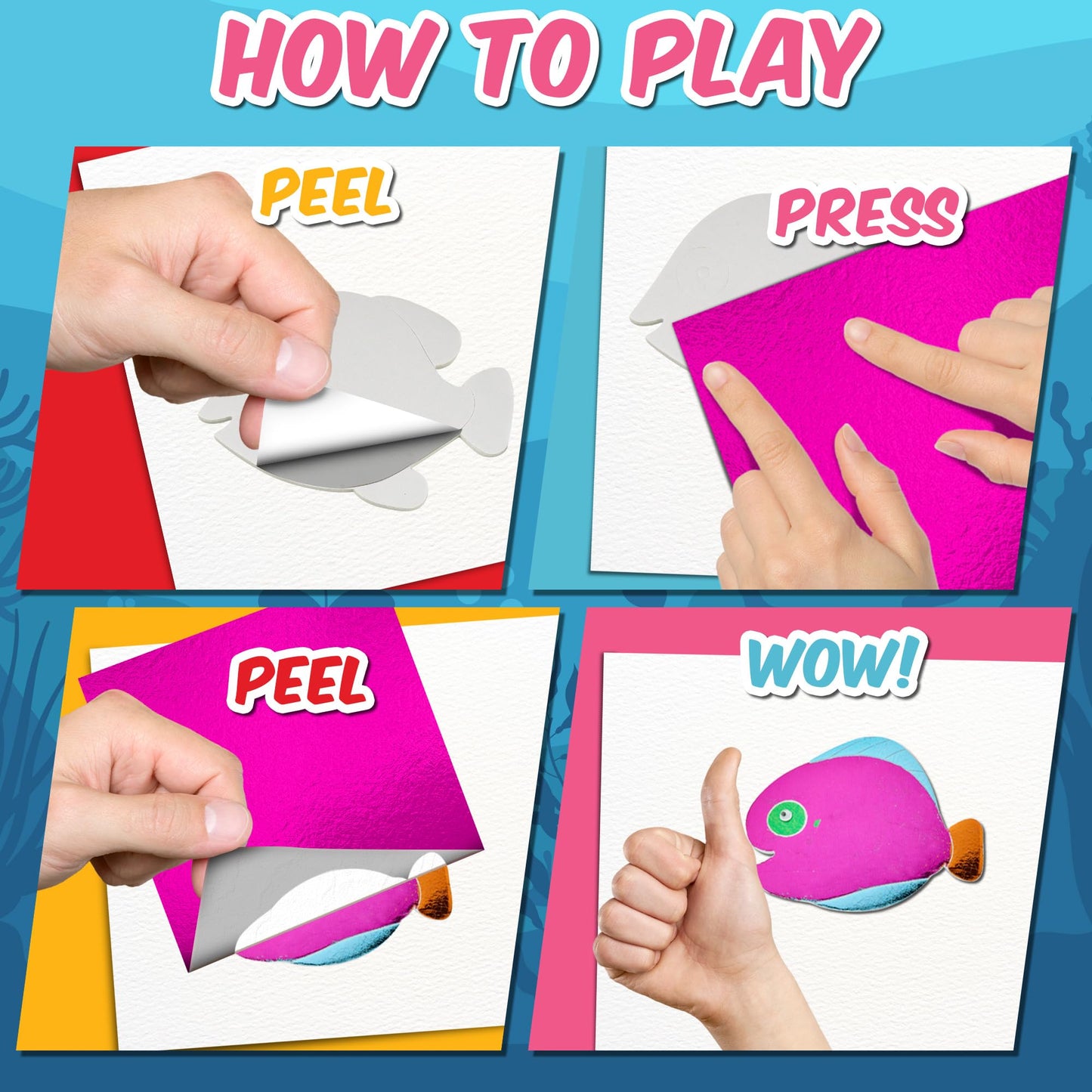 Playbees Press and Peel Foil Kit Sea Animals - Preschool Arts and Crafts Kit for Kids- No Mess Art for Boys & Girls Ages 4, 5, 6