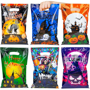 HAPMARS 60 Pcs Halloween Party Favor for Kids Candy Goody Bag, 6 Designs Plastic Trick or Treat Goodie Bags, Halloween Loot Gift