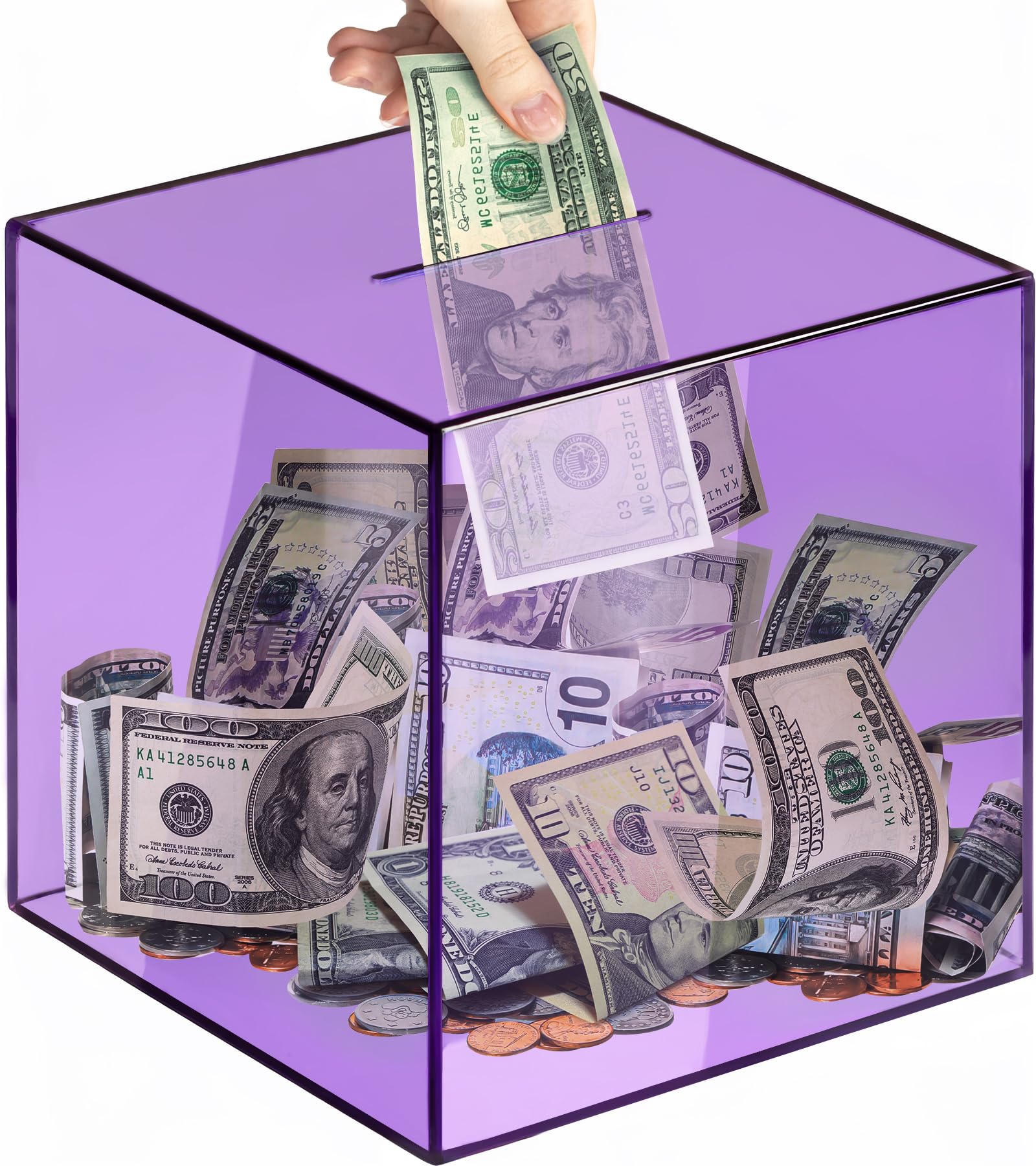 Piggy Bank for mature-themeds Must Break to Open  Vcertcpl Acrylic Clear Piggy Bank Money Saving Box for Cash Saving  Unopenable mature-themeds Bank for Real Money Bank Coin Bank Change Jar (Purple  15x15CM)