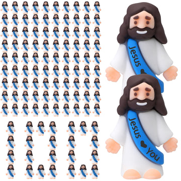 Bememo 100 Pcs Little Jesus Figures Jesus Loves You Original Design Rubber Pocket Toys Little Figures to Hide and Seek Sunday Sc