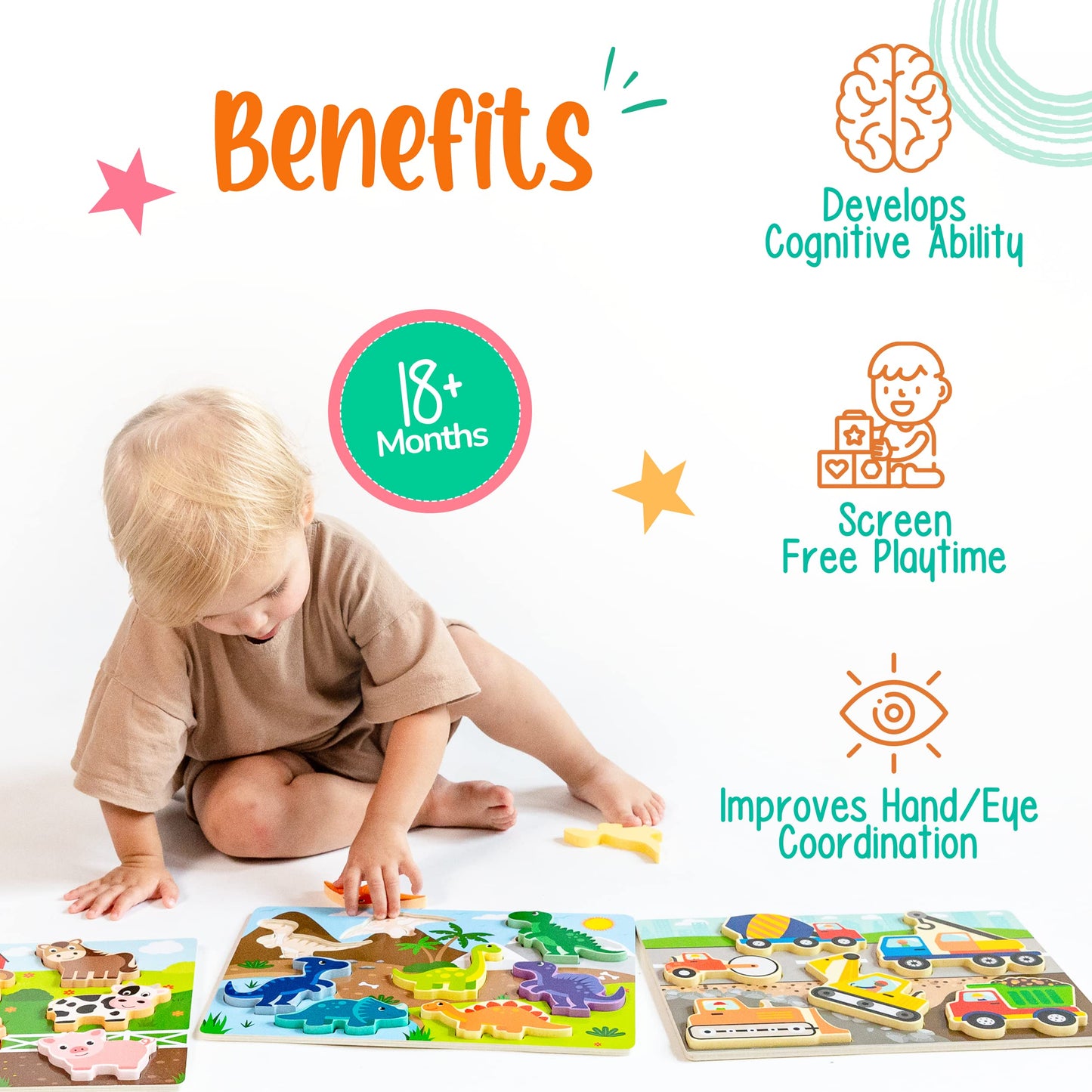 Klevly Large 3 Pk Wooden Toddler Puzzles Ages 2-4 | Wooden Puzzles For Toddlers 1-3 | Montessori Toys For 2 Year Old | Toddler T