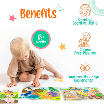 Klevly Large 3 Pk Wooden Toddler Puzzles Ages 2-4 | Wooden Puzzles For Toddlers 1-3 | Montessori Toys For 2 Year Old | Toddler T