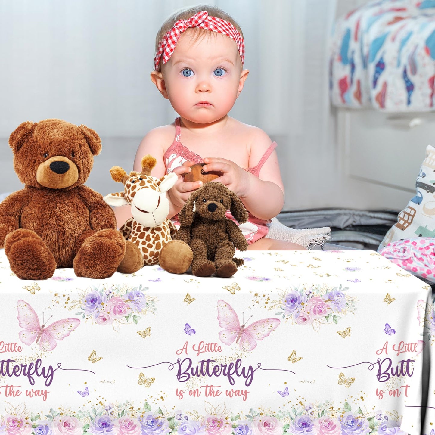 Butterfly Baby Shower Tablecloth Decoration,A Little Butterfly Is One The Way Baby Shower Decoration 3Pcs Waterproof Pink And Pu