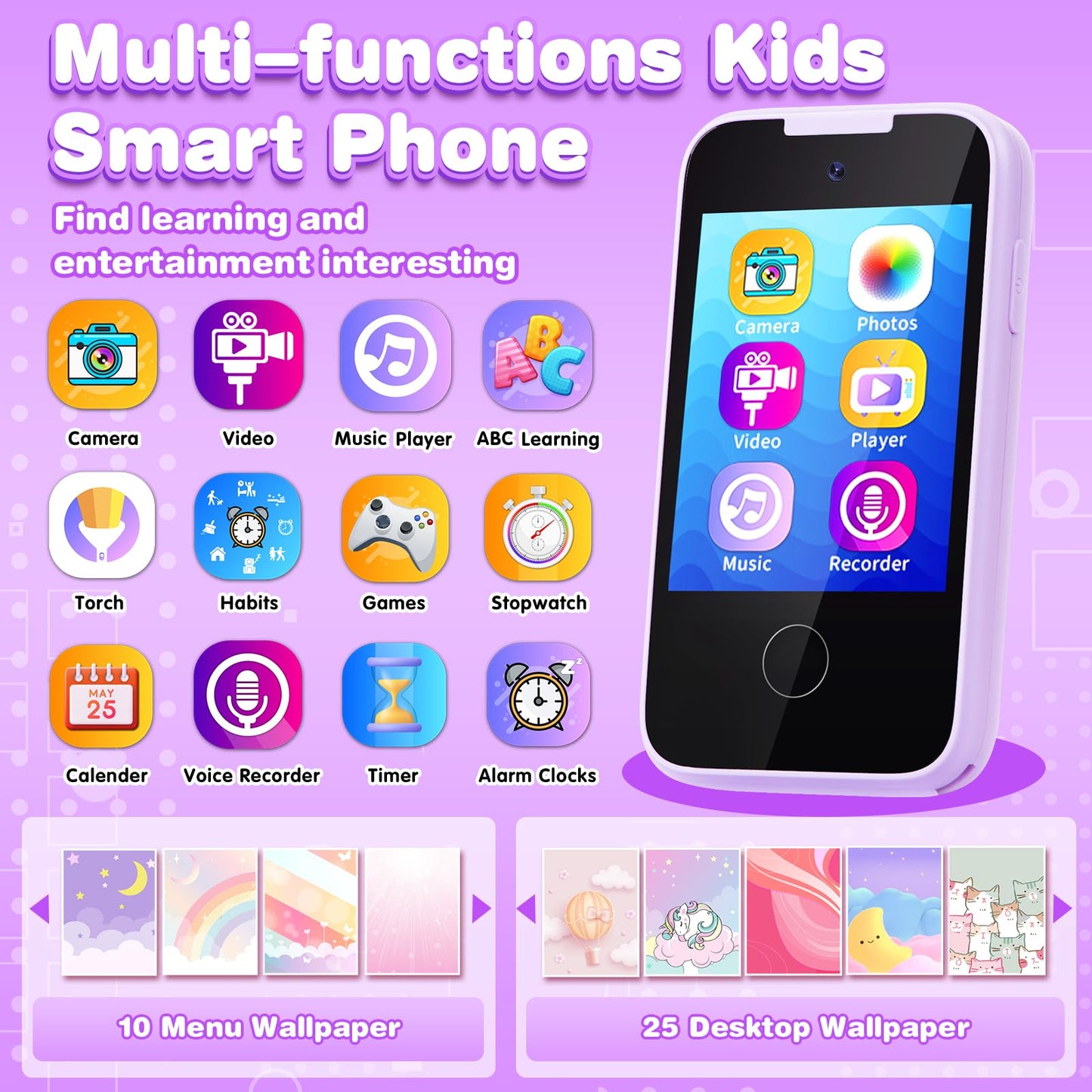 MOFGDNI Kids Phone Toy - Touchscreen Educational Device with Camera, MP3, Games, Purple, Model PH05 for Ages 3-8