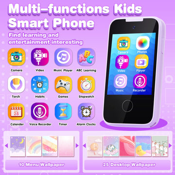 MOFGDNI Kids Phone Toy - Touchscreen Educational Device with Camera, MP3, Games, Purple, Model PH05 for Ages 3-8
