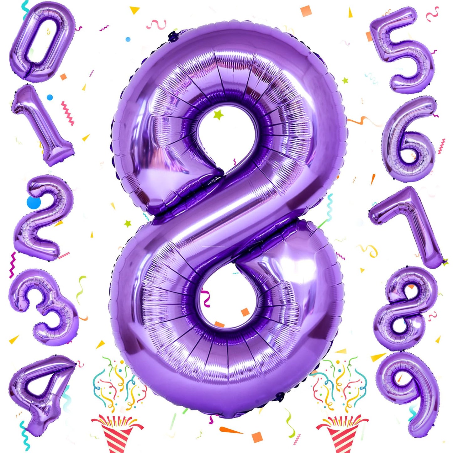 8Th Birthday Number Balloons For Kids, Self Inflating 40 Inch Purple Foil 8 Balllon, Large Number 8 Balloons For Girls 8 Years O