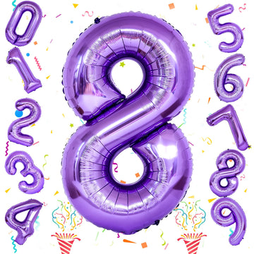 8Th Birthday Number Balloons For Kids, Self Inflating 40 Inch Purple Foil 8 Balllon, Large Number 8 Balloons For Girls 8 Years O