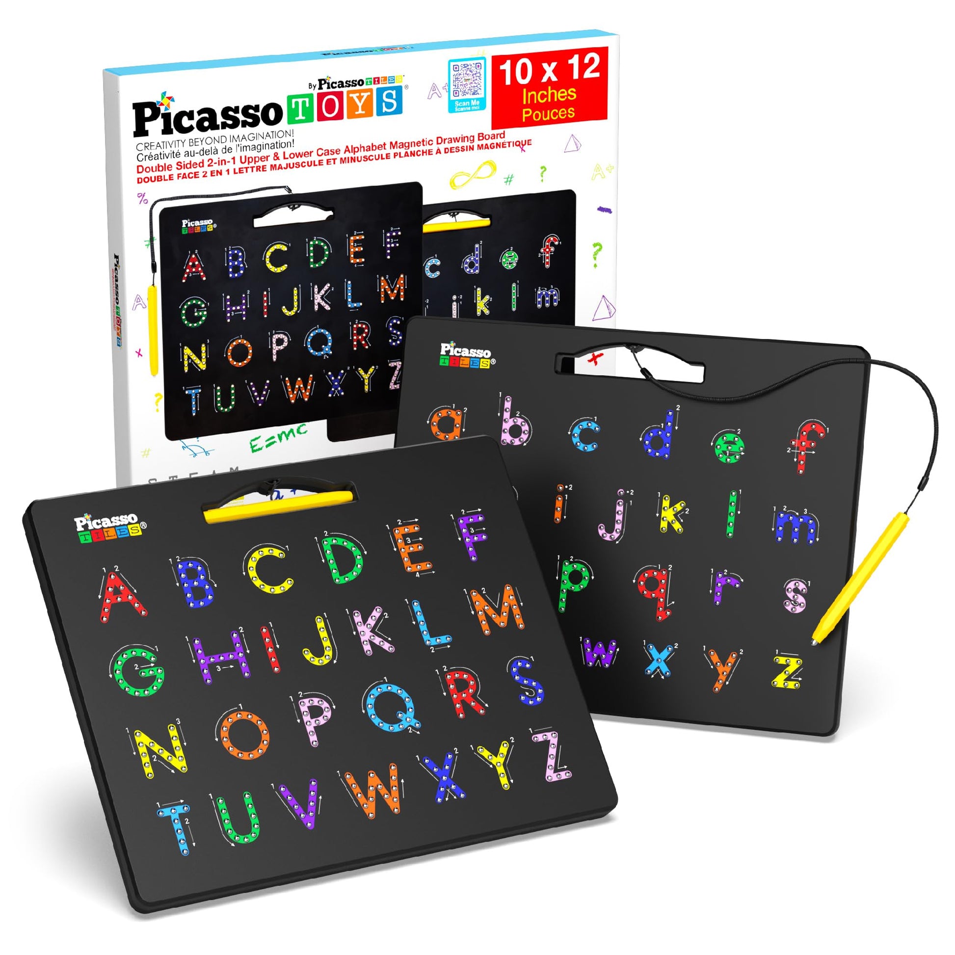 PicassoTiles 2-in-1 Magnetic Drawing Board Toy 12x10 inch Large Magnet Bead Tablet Pad with 2 Facings Alphabets STEM Educational