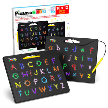 PicassoTiles 2-in-1 Magnetic Drawing Board Toy 12x10 inch Large Magnet Bead Tablet Pad with 2 Facings Alphabets STEM Educational