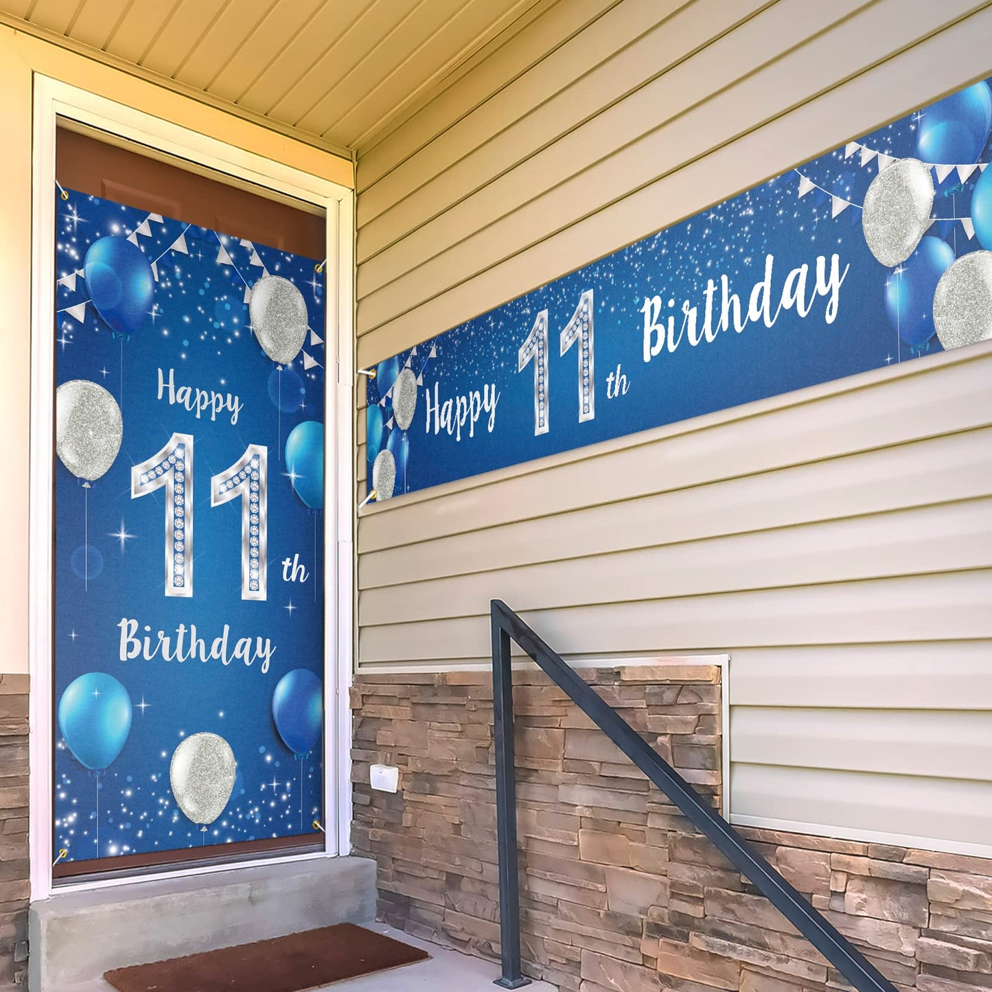 Happy 11Th Birthday Door Cover Porch Banner Sign Set - 11 Years Old Birthday Decoraions Party Supplies For Men - Blue