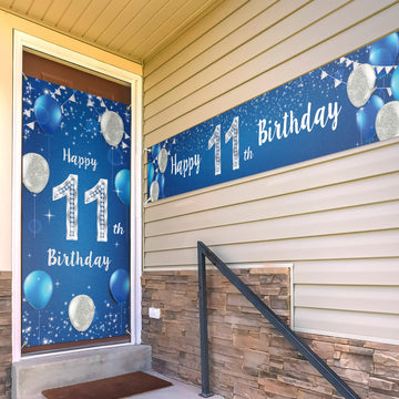 Happy 11Th Birthday Door Cover Porch Banner Sign Set - 11 Years Old Birthday Decoraions Party Supplies For Men - Blue