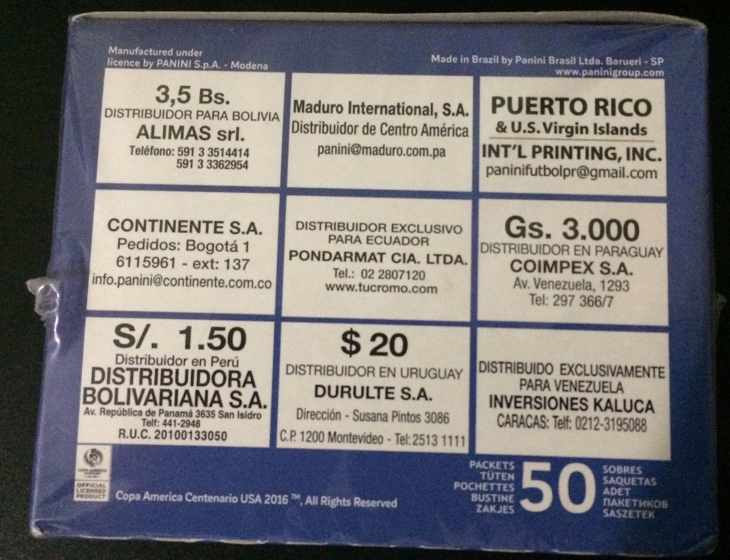 USA 2016 Copa America CENTENARIO Panini complete 50 packs box , Total of 350 stickers