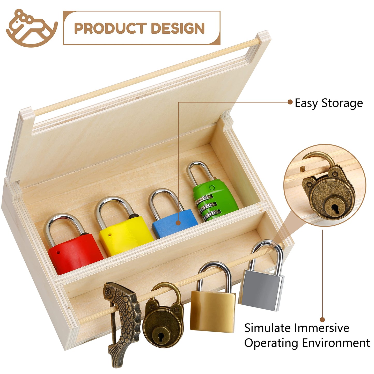 Woodtoe Montessori Lock and Key Toy Set - 8 PCS Educational Wooden Toys for Toddlers, 3+ Years, Blue, Purple, White, Medium Size