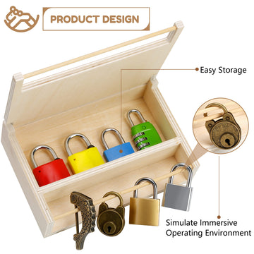 Woodtoe Montessori Lock and Key Toy Set - 8 PCS Educational Wooden Toys for Toddlers, 3+ Years, Blue, Purple, White, Medium Size