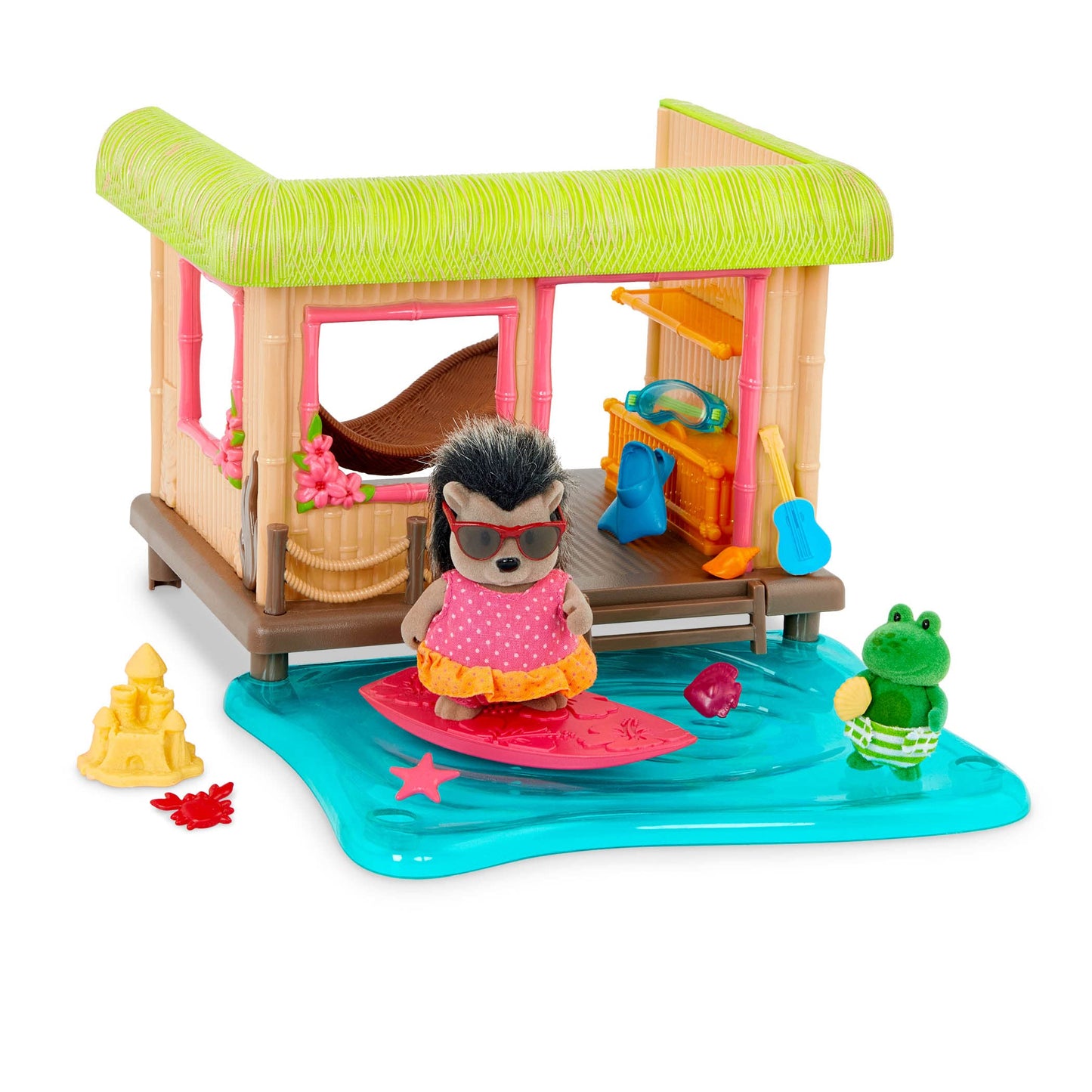 Li’L Woodzeez – Sunshine Tiki Hut Beach Party – Stackable Dollhouse Playset – 2 Posable Doll Figures & 1 Storybook Included – Miniature Beach Toys & Accessories – Pretend Play Toy Gift For Kids 3+