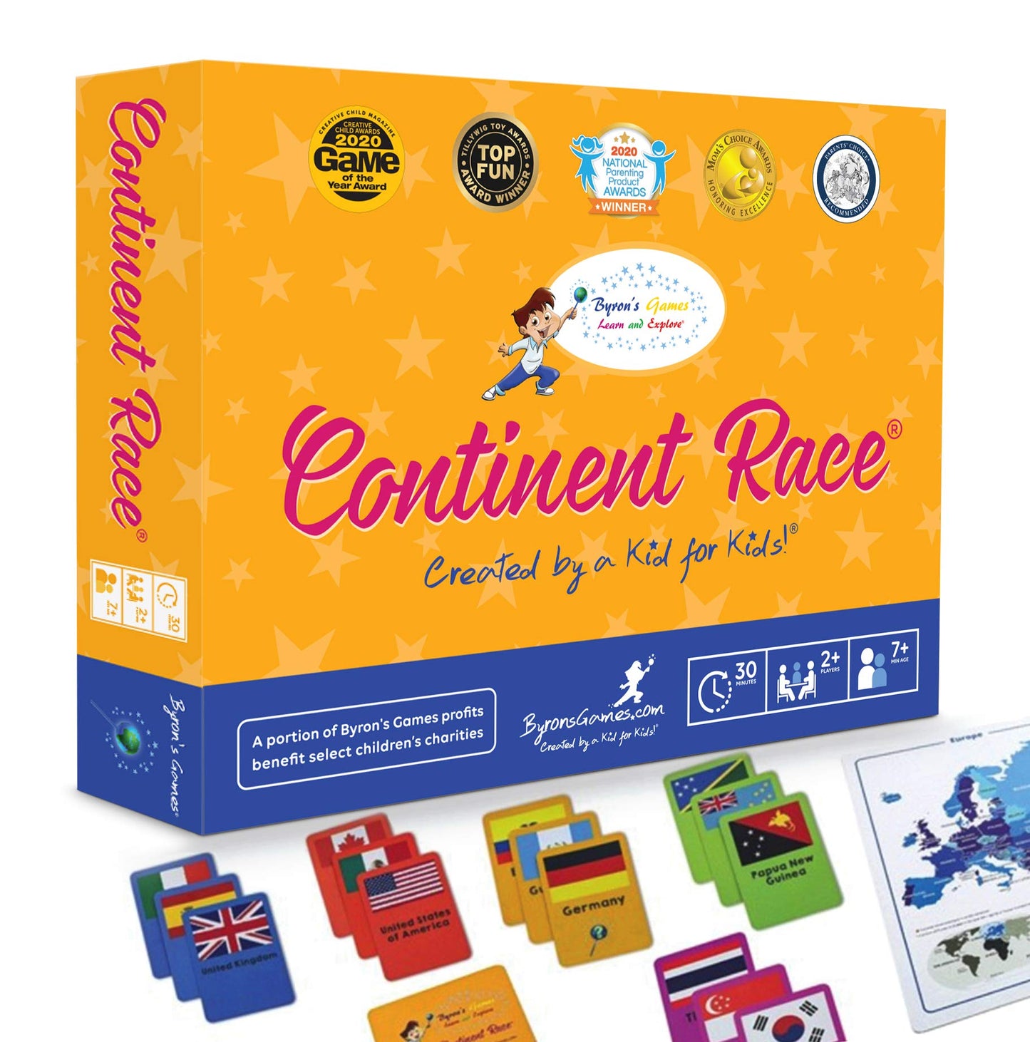 Byron's Games Continent Race Board Game - Educational Geography Game for Kids & Families, Cardstock, Yellow, Model DYE-1400