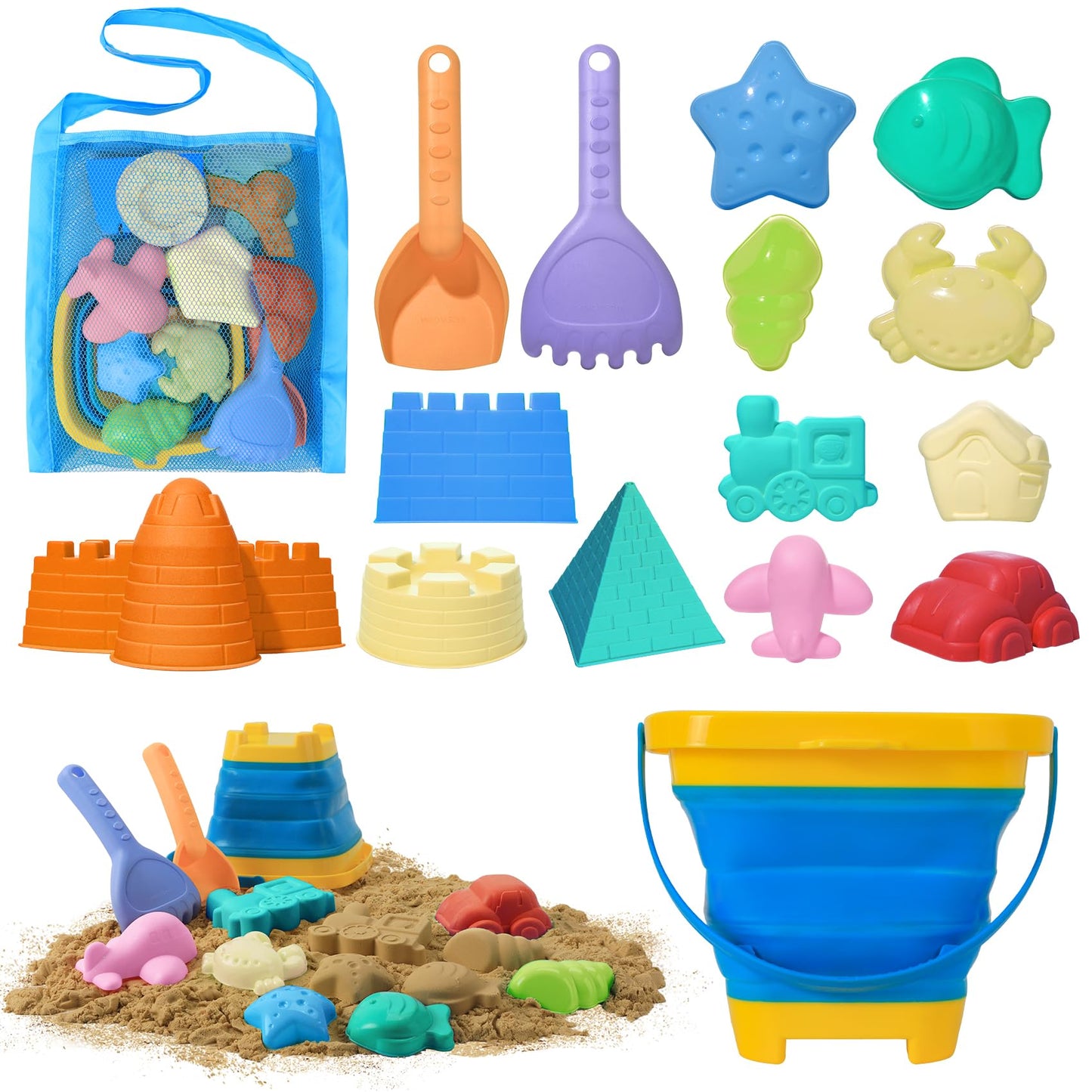 Collapsible Beach Toys Sand Set Collapsible Sand Bucket And Shovels Set With Mesh Bag & Molds Sandbox Toys For Kids Boy Ages 4-8