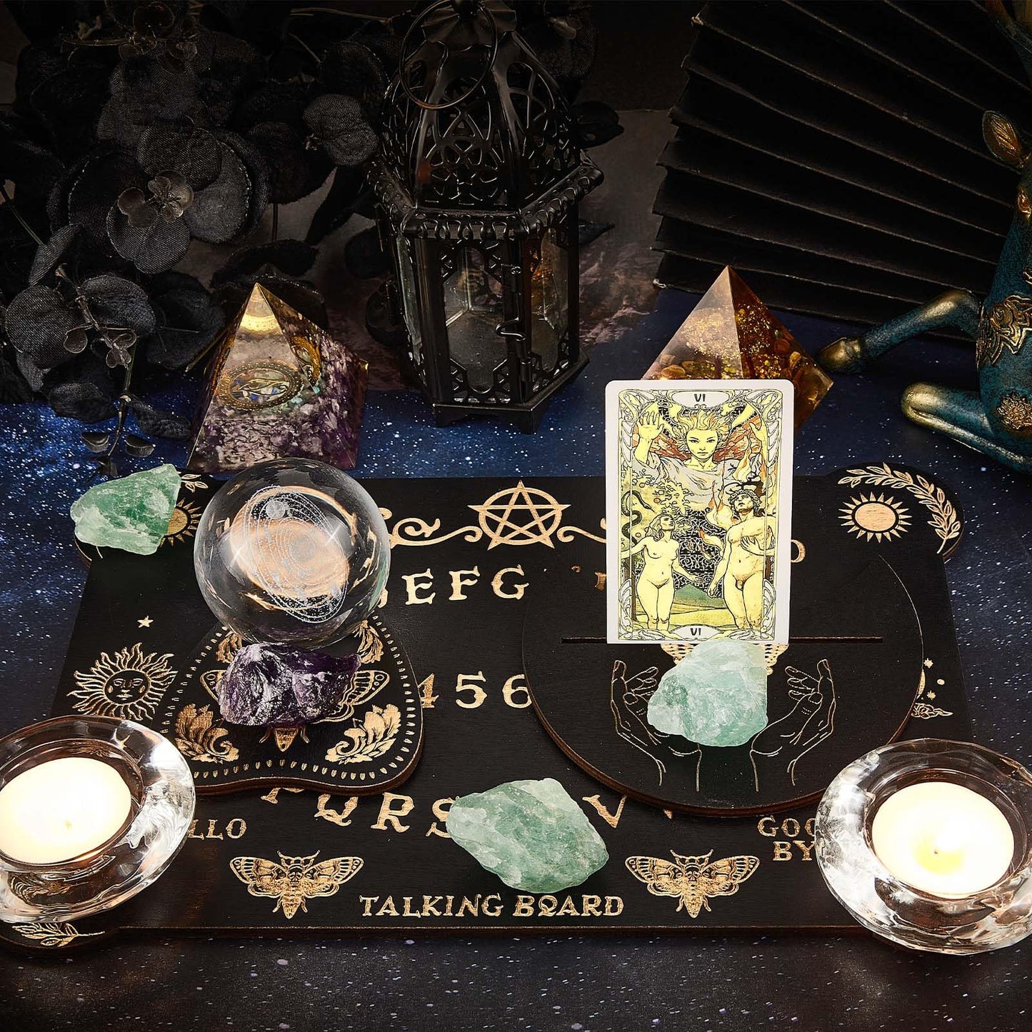 Creatcabin 3Pcs Wooden Spirit Board Kit Tarot Card Stand Holder Moth Divination Board Set With Planchette Black Altar Card Displ