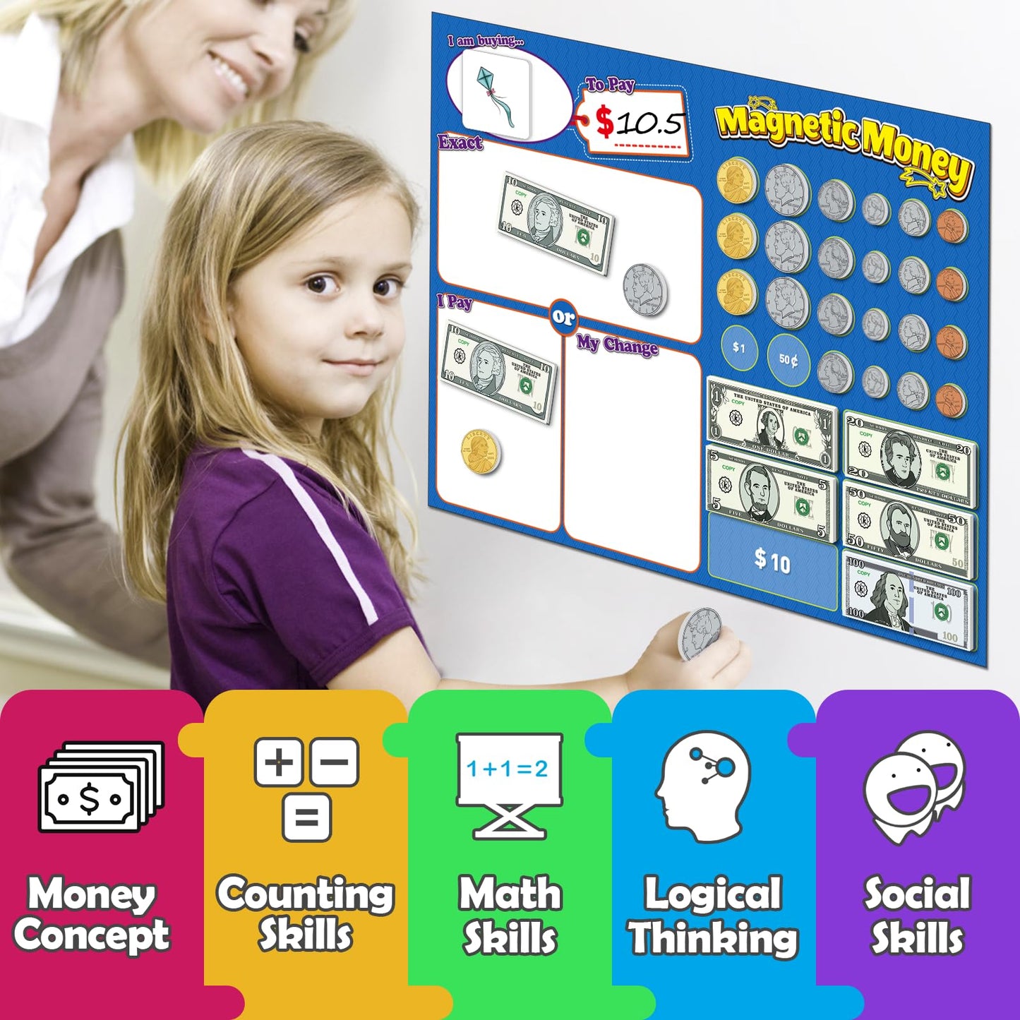 Kasfalci 60 PCS Magnetic Money for Kids for Learning, Math Manipulatives, Learning & Education Toys for Classroom, Pretend Play,