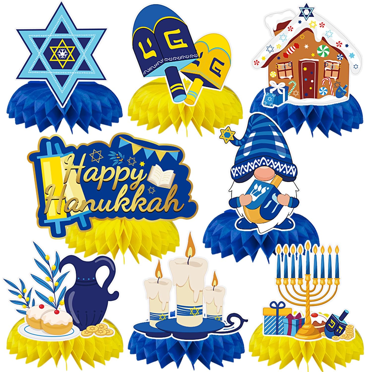 JULMELON 8PCS Hanukkah Table Decorations Honeycomb Centerpiece, Chanukah Decor Dreidel Menorah Table Toppers Happy Hanukkah Deco