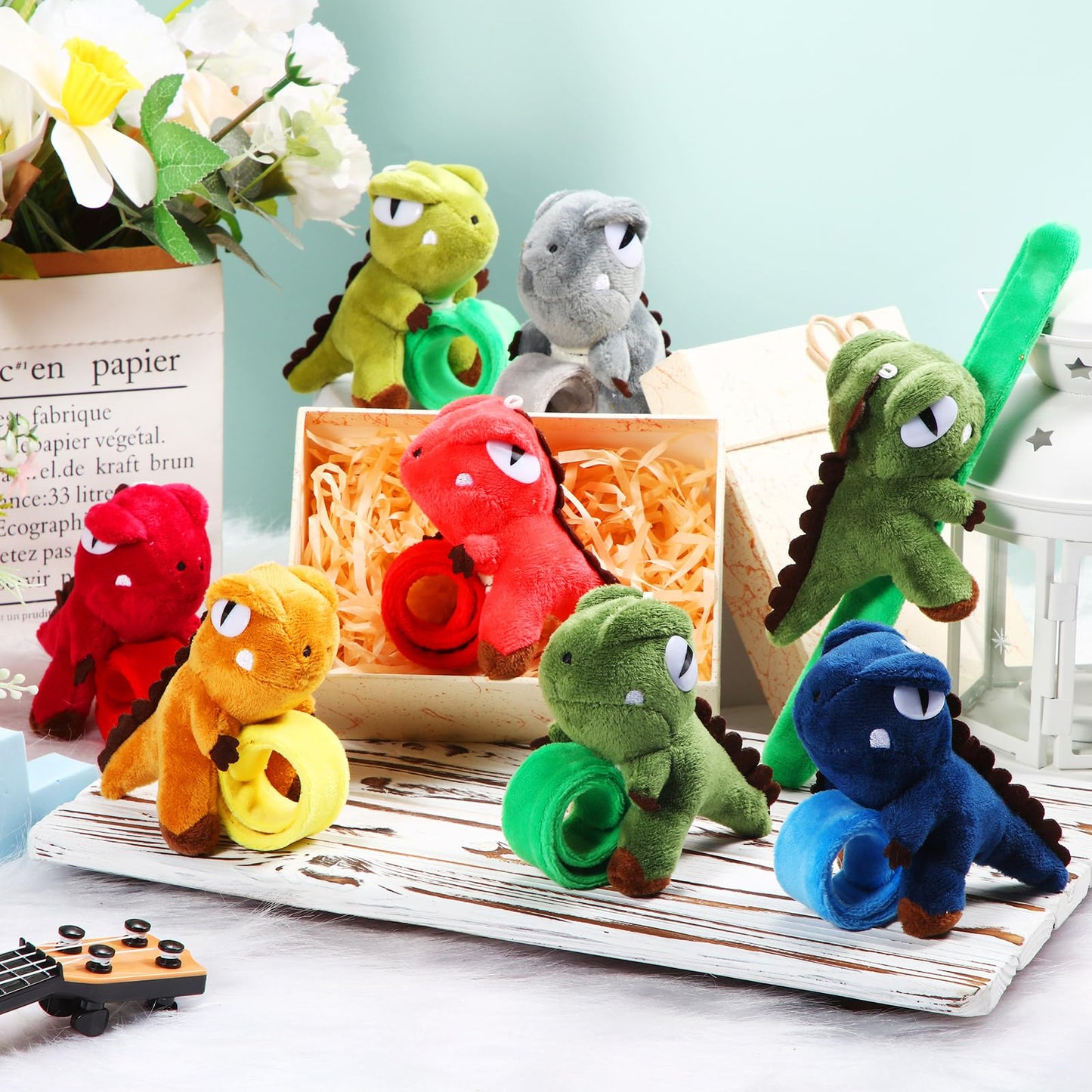 Lenwen 8 Pcs Dinosaur Stuffed Animals Slap Bracelets for Kids Plush Animal Cute Wrist Slap Bands for Birthday Party Favors Boys