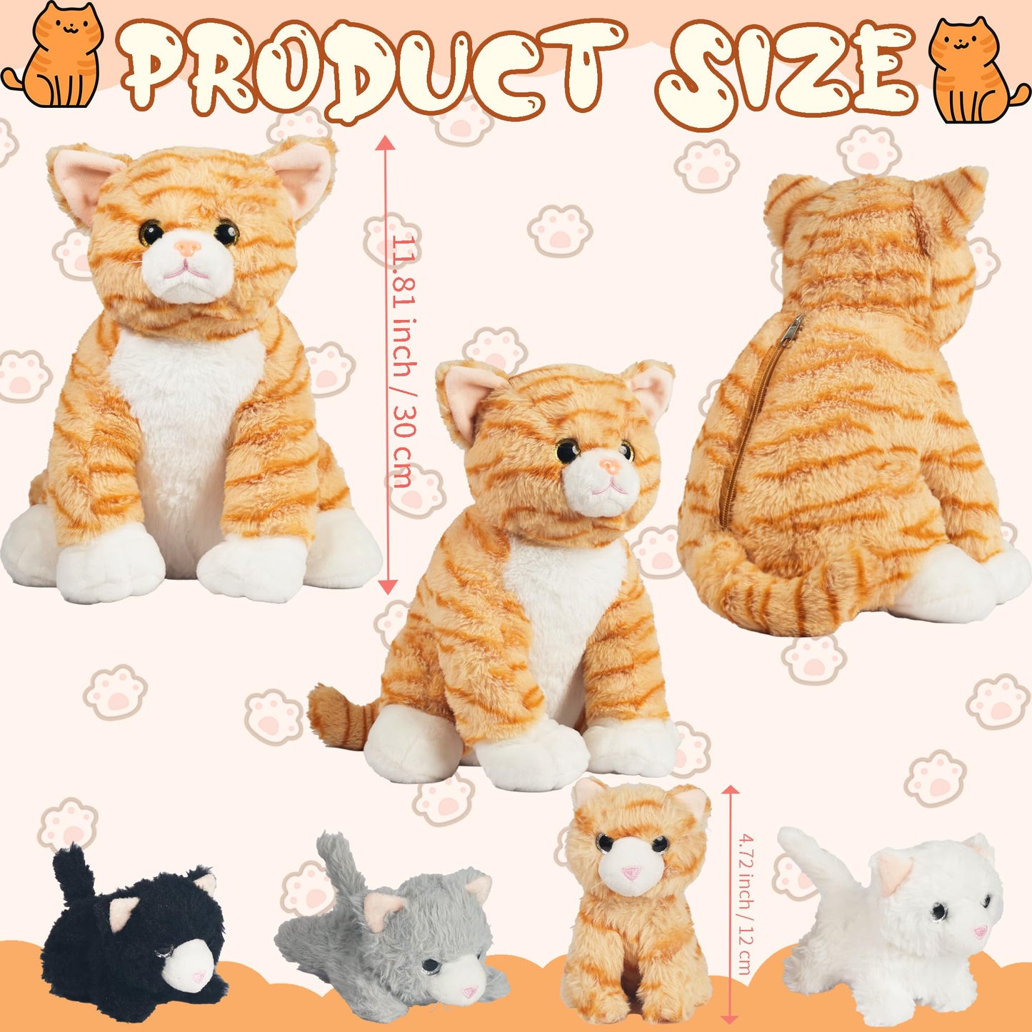 5 Pcs Cat Stuffed Animals With Babies Inside, 12 Inch Mommy Plush Cat Toy With 4 Kitten Babies In Zippered Pouch, Nurturing Mom