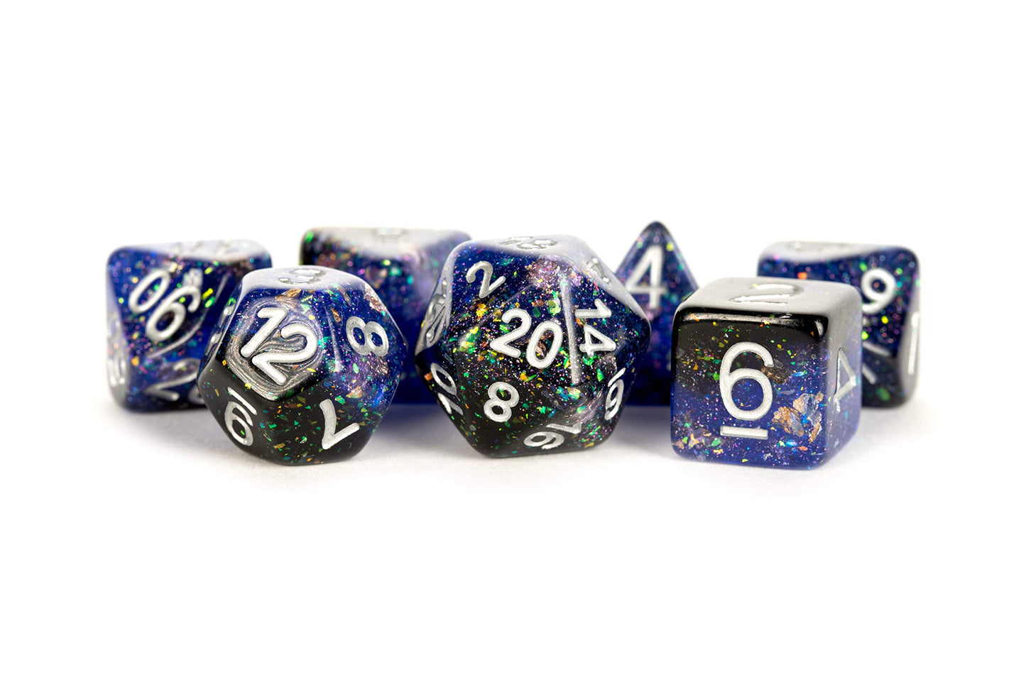 Blue And Black Eternal Resin With White Numbers 16Mm (5/8In) 7 Dice Set Metallic Dice Games